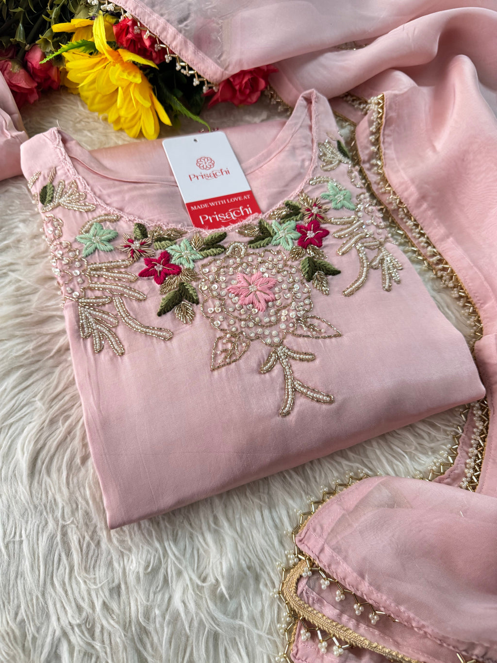Prisachi Pink Embroidered Kurta Set with Palazzo & Dupatta for Women