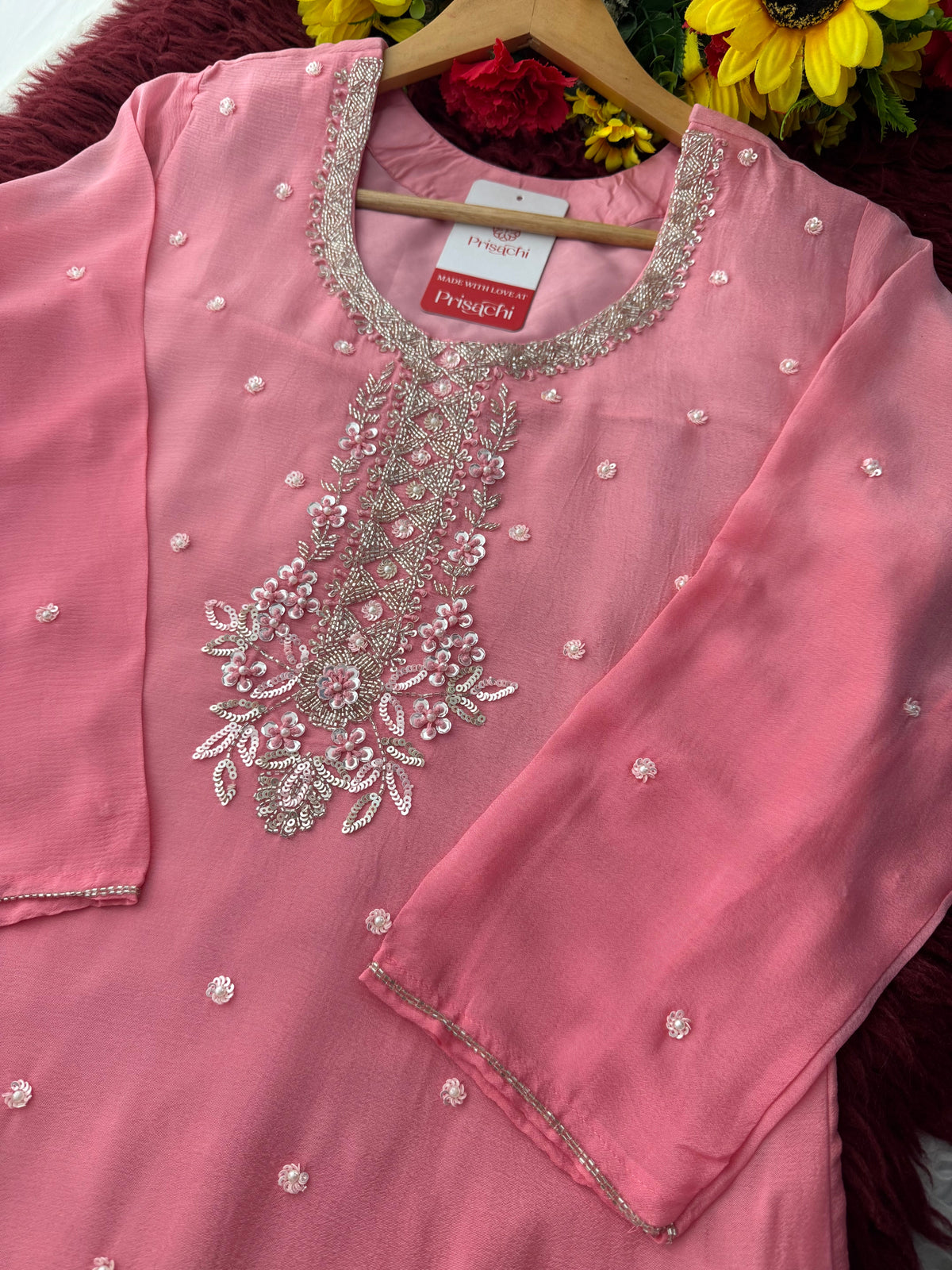 Pink Zardozi Embroidered Kurti Sharara Set with Dupatta | Designer Ethnic Suit Set