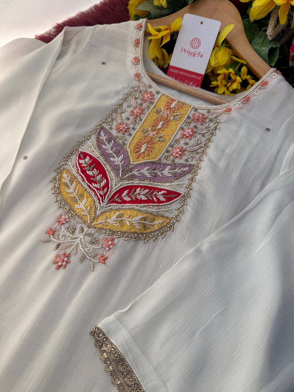 White Embroidered Ethnic Kurta Set with Pants & Banarasi Dupatta for Women | Festive & Wedding Wear