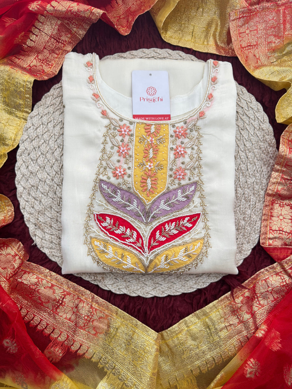 White Embroidered Ethnic Kurta Set with Pants & Banarasi Dupatta for Women | Festive & Wedding Wear