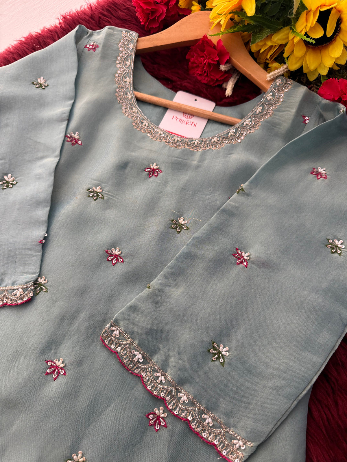 Sky Blue Zardozi Embroidered Kurti Set with Sharara And Dupatta | Festive & Wedding Ethnic Suit
