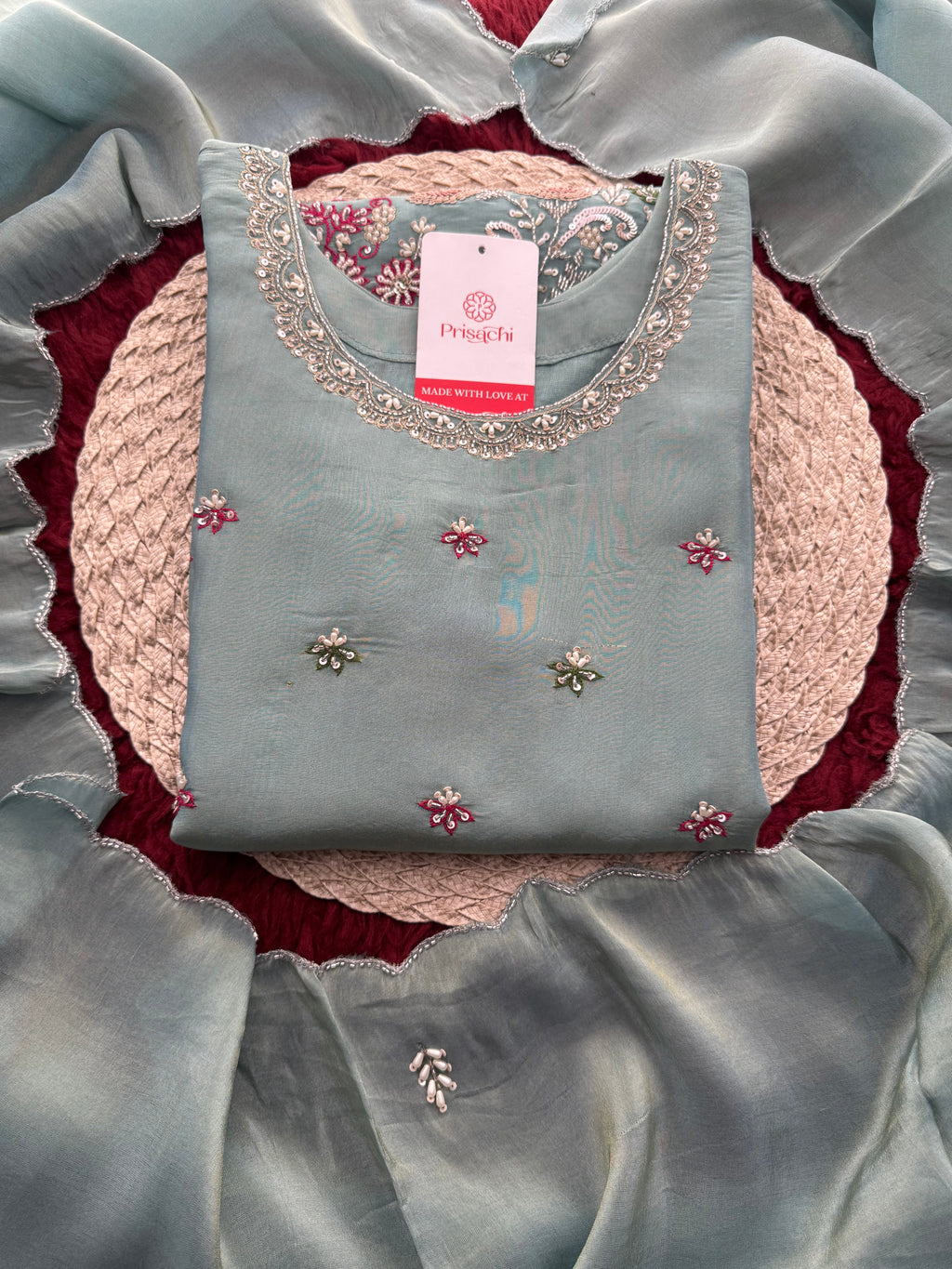 Sky Blue Zardozi Embroidered Kurti Set with Sharara And Dupatta | Festive & Wedding Ethnic Suit