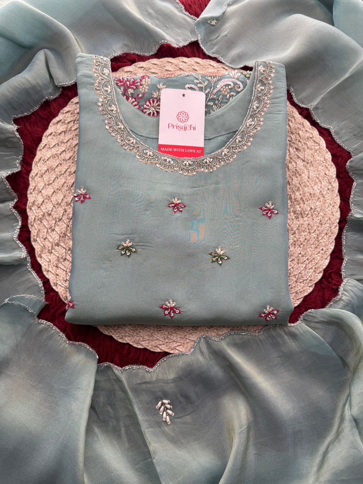 Sky Blue Zardozi Embroidered Kurti Set with Sharara And Dupatta | Festive & Wedding Ethnic Suit