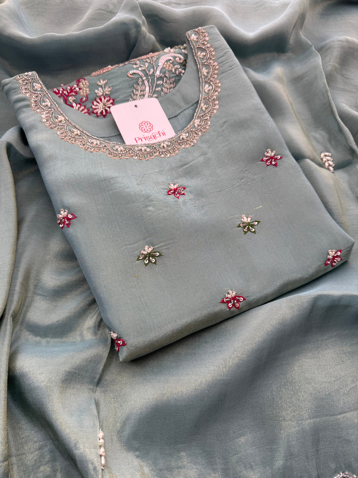 Sky Blue Zardozi Embroidered Kurti Set with Sharara And Dupatta | Festive & Wedding Ethnic Suit