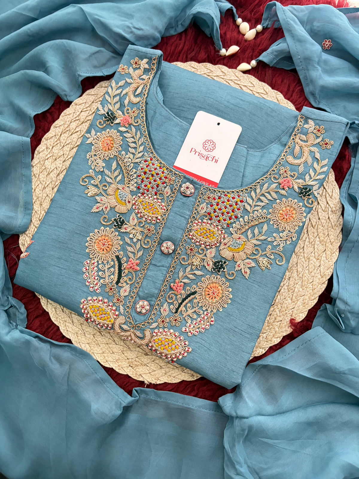 Blue Zardozi Embroidered Kurta Set with Pants & Dupatta for Women | Ethnic Festive & Wedding Wear
