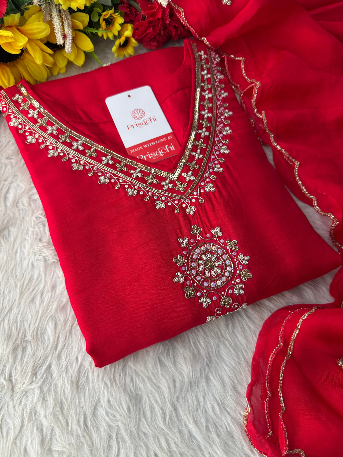 Red Zardozi Embroidered Kurta Set for Women with Pants & Dupatta | Traditional Ethnic wear