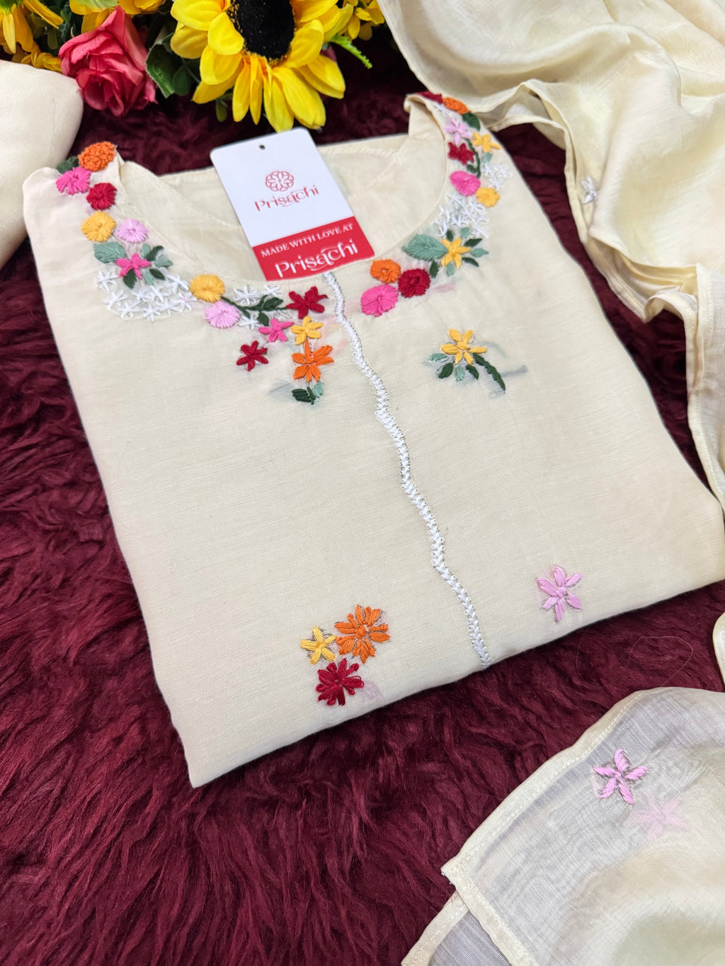 Off White Embroidered A-Line Ethnic Kurta Set with Dupatta & Pant