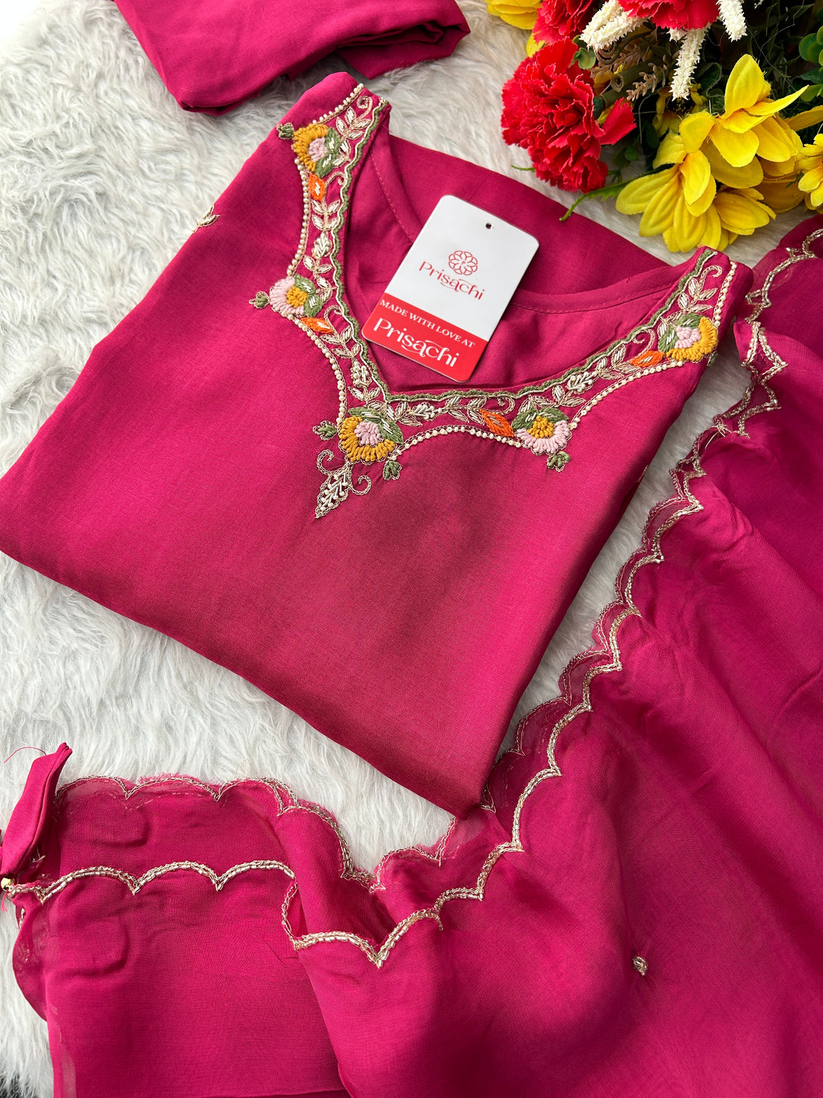Pink Embroidered Kurta Set for Women with Pants & Dupatta | Traditional Ethnic Wear