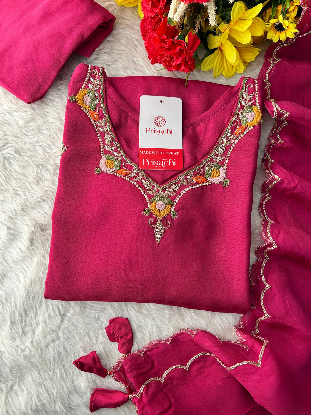 Pink Embroidered Kurta Set for Women with Pants & Dupatta | Traditional Ethnic Wear