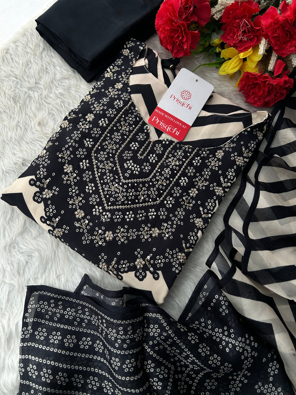 Black Chevron Print Kurta Set with Pants & Dupatta| Embroidered Yoke Ethnic Office & Festive Wear