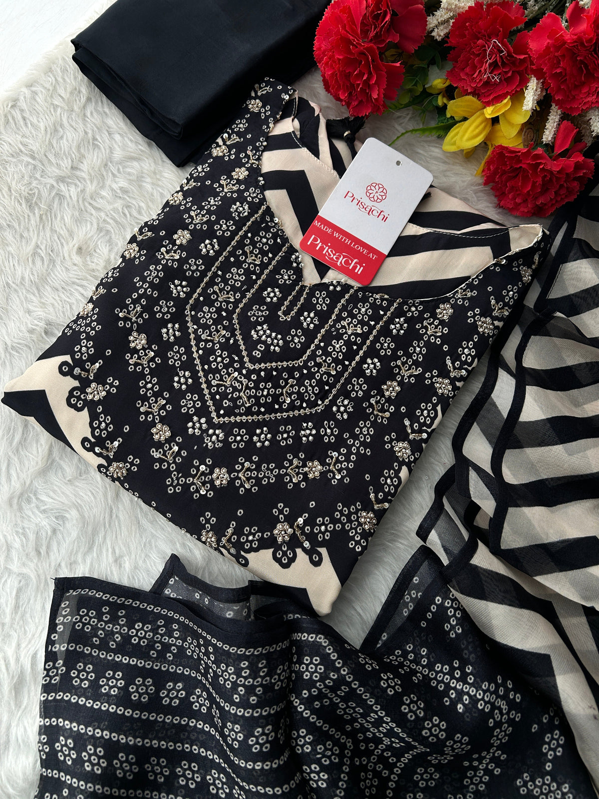 Black Chevron Print Kurta Set with Pants & Dupatta| Embroidered Yoke Ethnic Office & Festive Wear