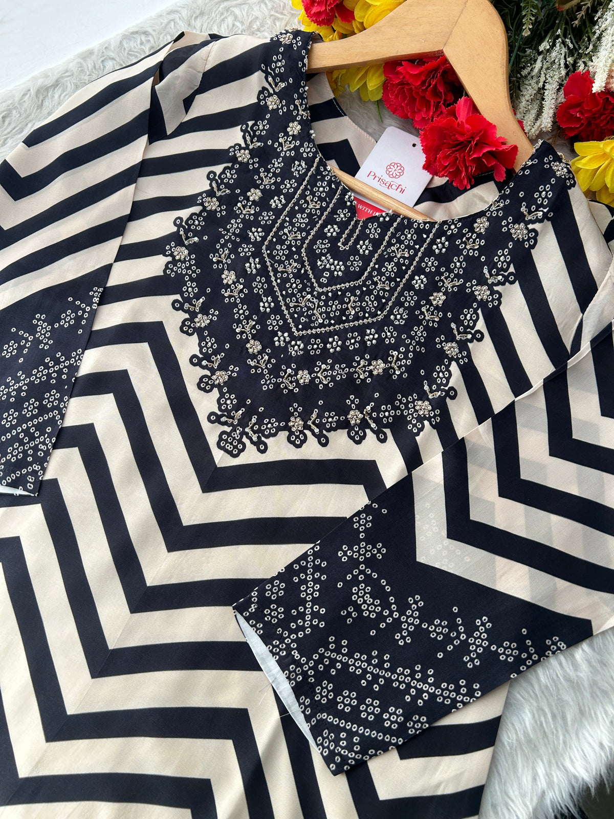 Black Chevron Print Kurta Set with Pants & Dupatta| Embroidered Yoke Ethnic Office & Festive Wear