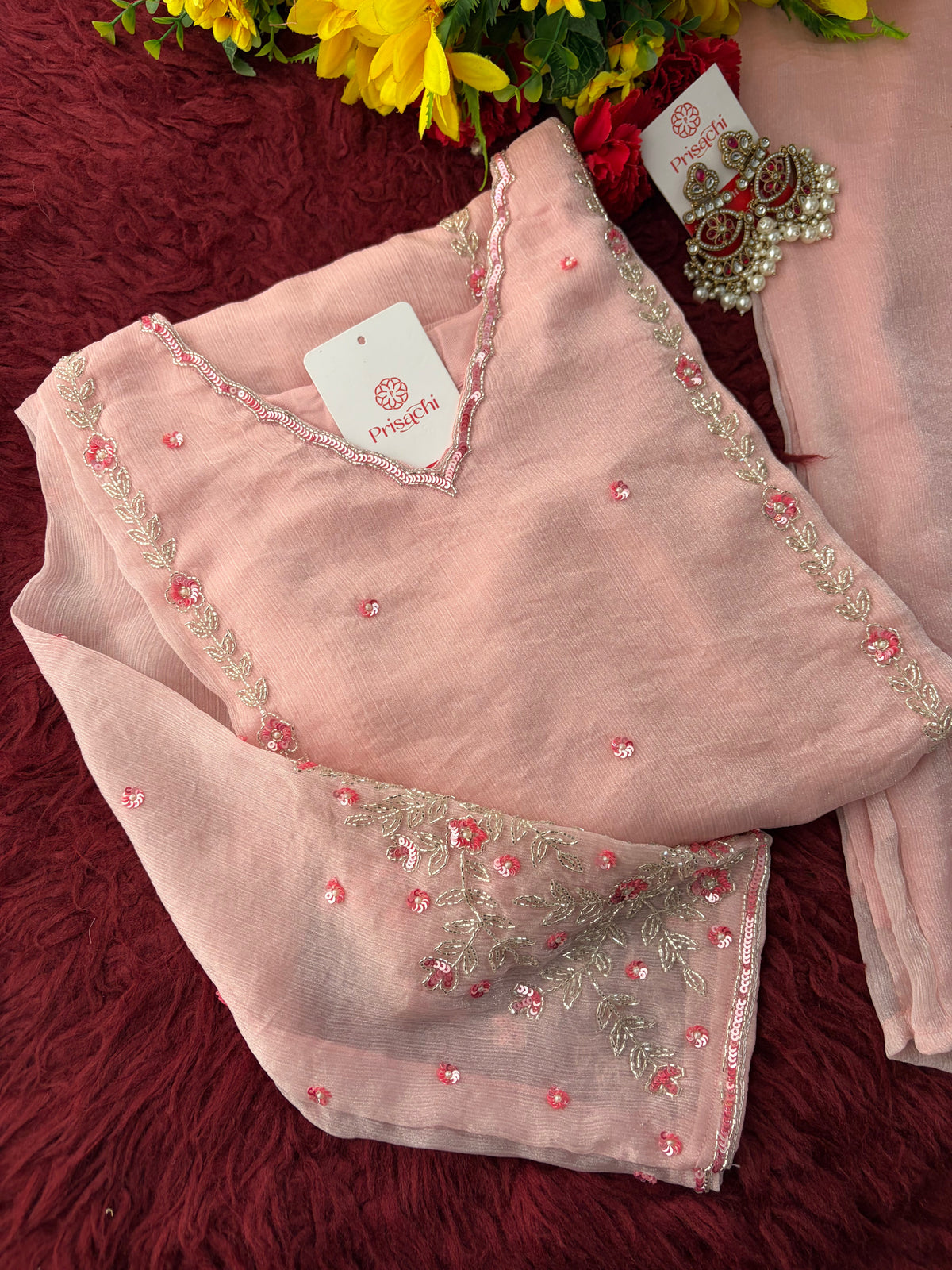 Baby Pink Embroidered A-Line Ethnic Kurta Set with Dupatta & Pants | Festive & Traditional Wear
