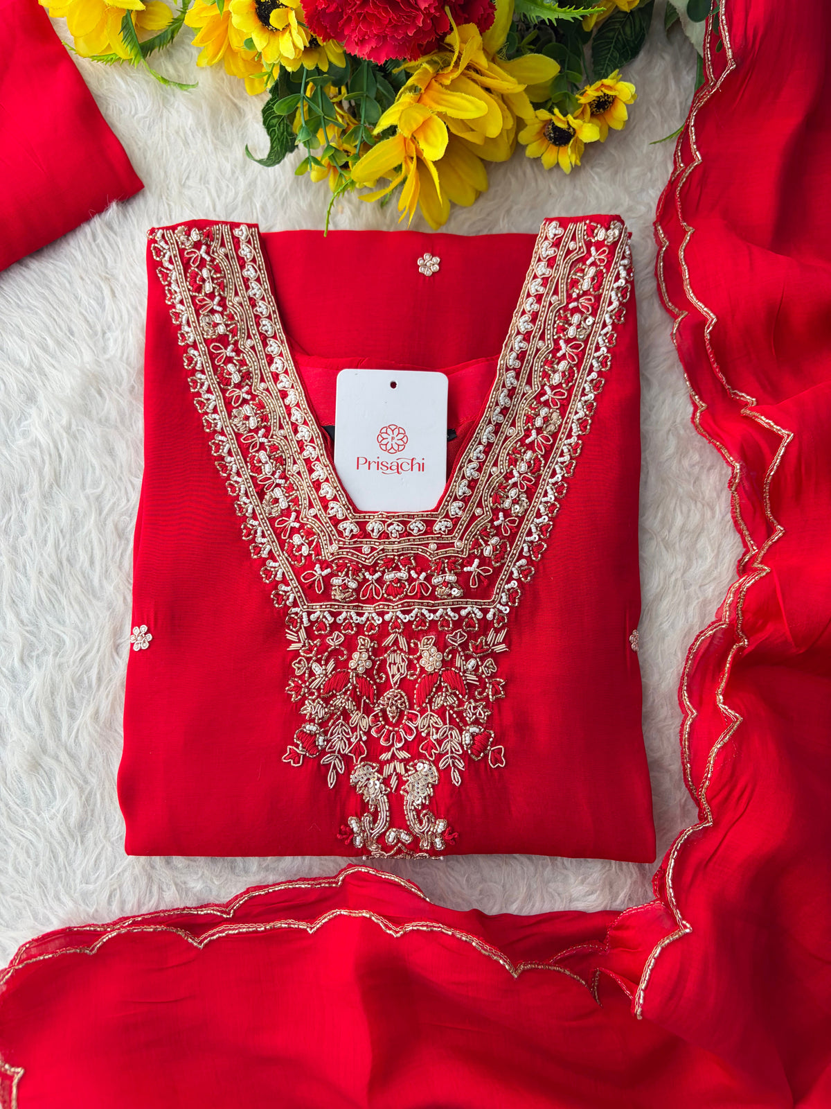 Royal Red Embroidered Straight Kurta Set with Dupatta and Pants