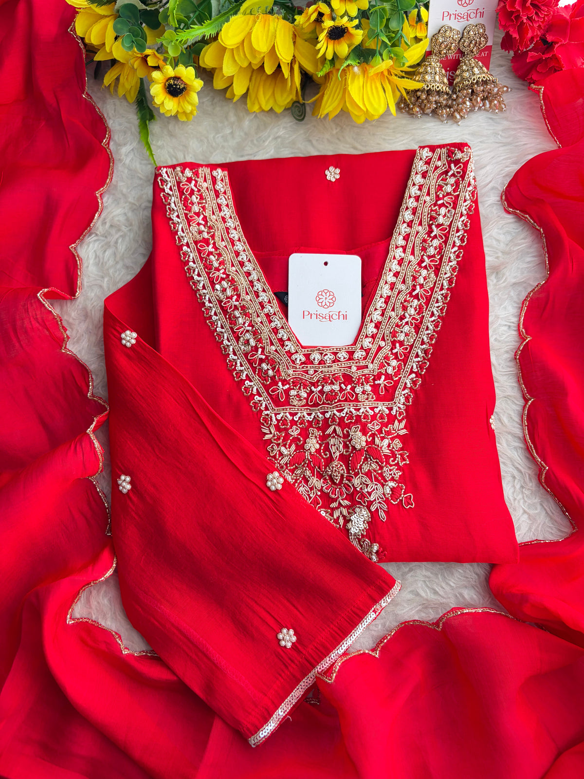 Designer Embroidered Straight Kurta Set with Dupatta and Pants