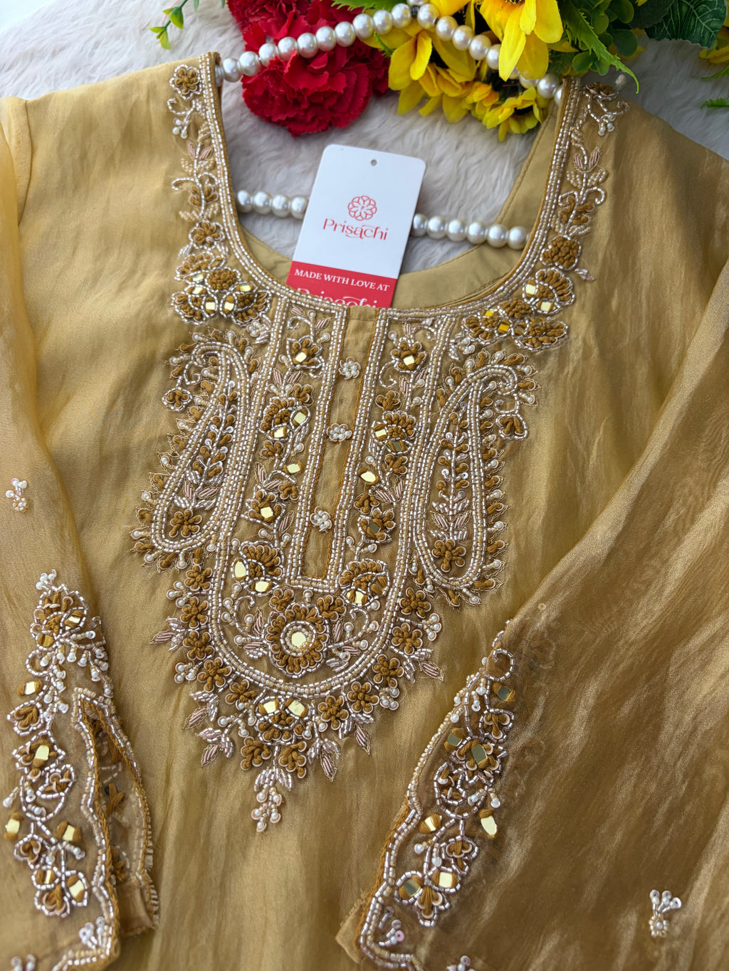 Yellow Zardozi Embroidered Ethnic Kurta Set for Women with Pants & Dupatta | Festive and Party Wear