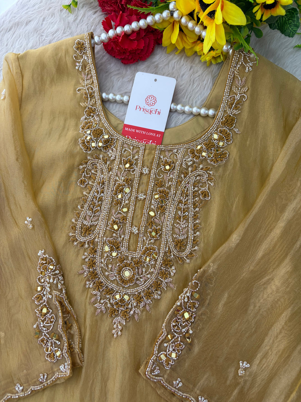 Yellow Zardozi Embroidered Ethnic Kurta Set for Women with Pants & Dupatta | Festive and Party Wear