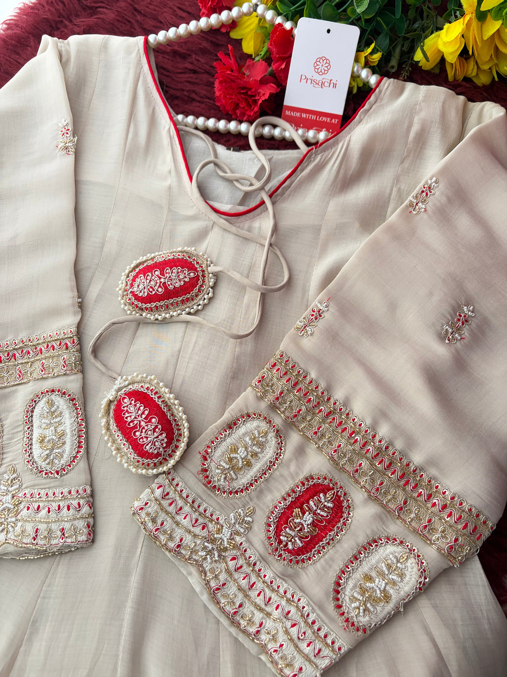 Off-white Embroidered Anarkali Kurta Set with Dupatta & Pants | Floral Festive Ethnic Suit