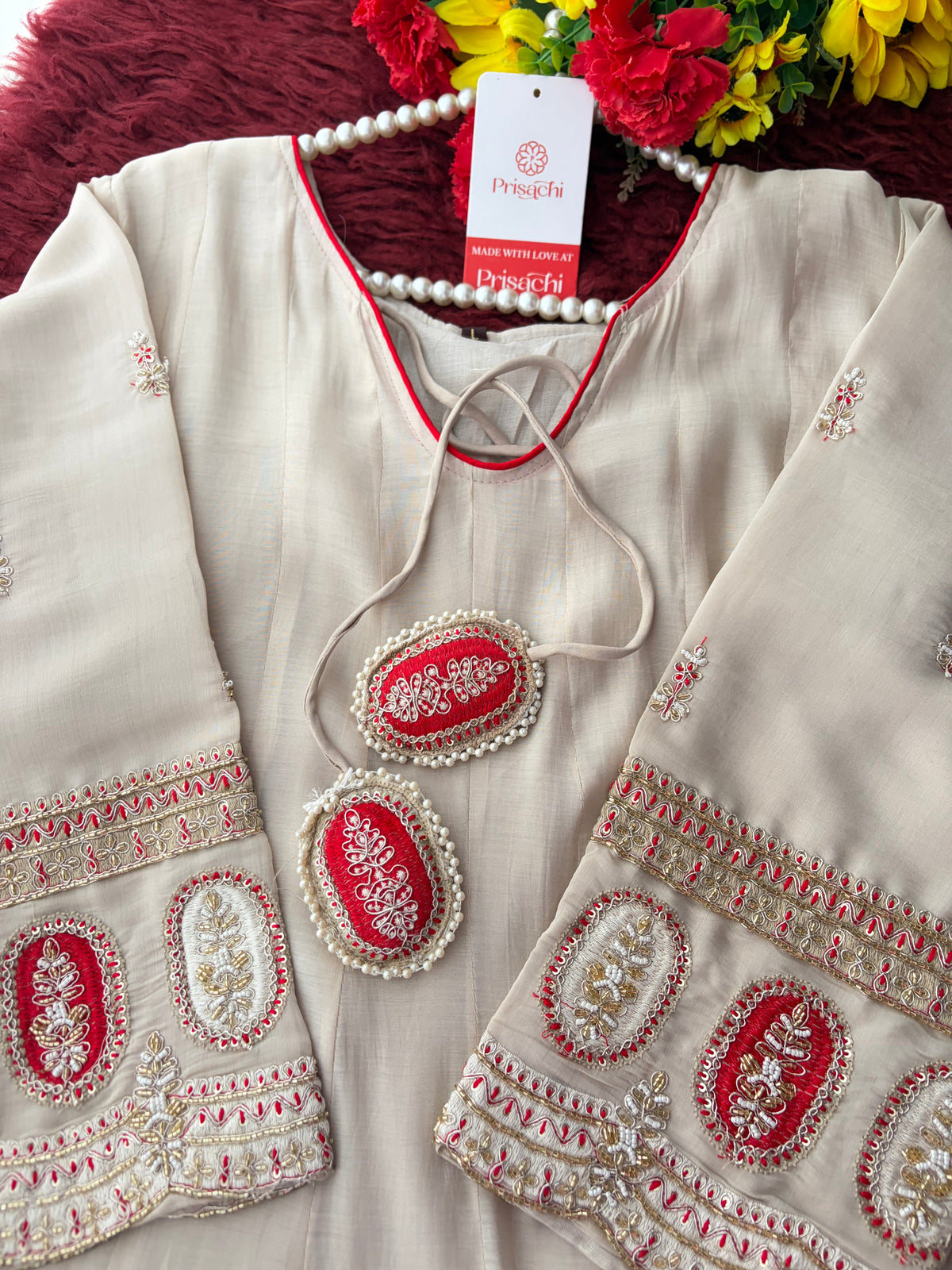 Off-white Embroidered Anarkali Kurta Set with Dupatta & Pants | Floral Festive Ethnic Suit
