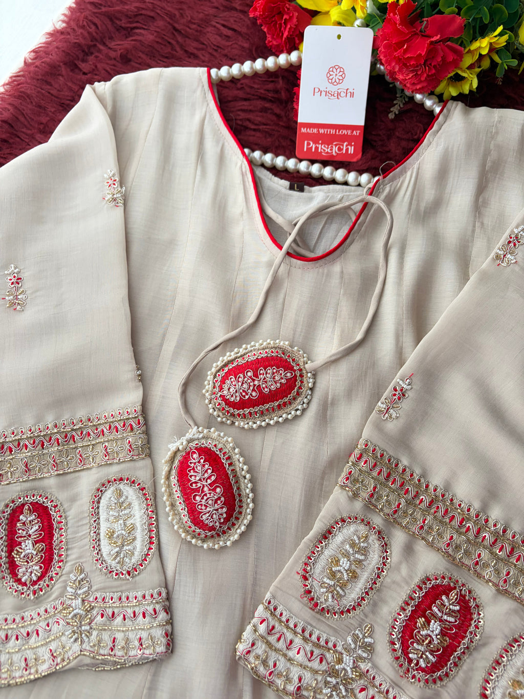 Off-white Embroidered Anarkali Kurta Set with Dupatta & Pants | Floral Festive Ethnic Suit
