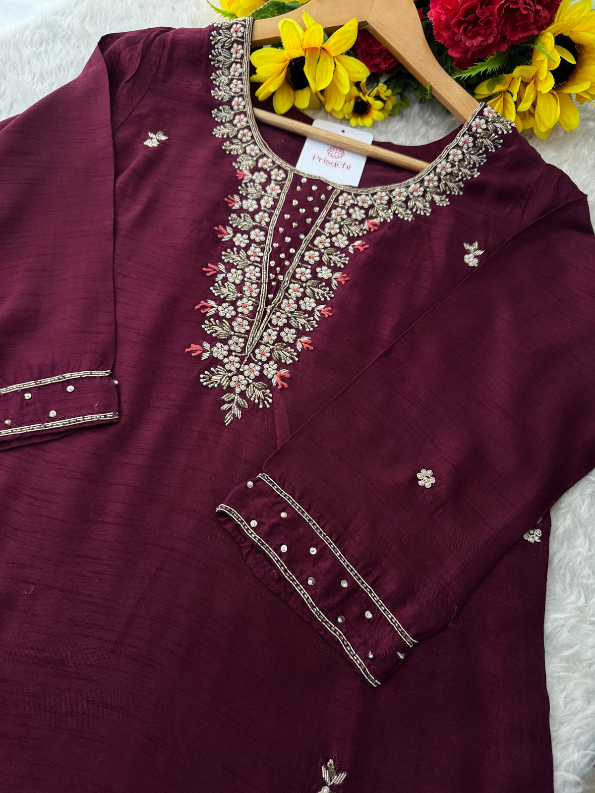 Wine Embroidered Designer Ethnic Kurta Set with Pants & Banarasi Dupatta | Festive and Traditional Wear