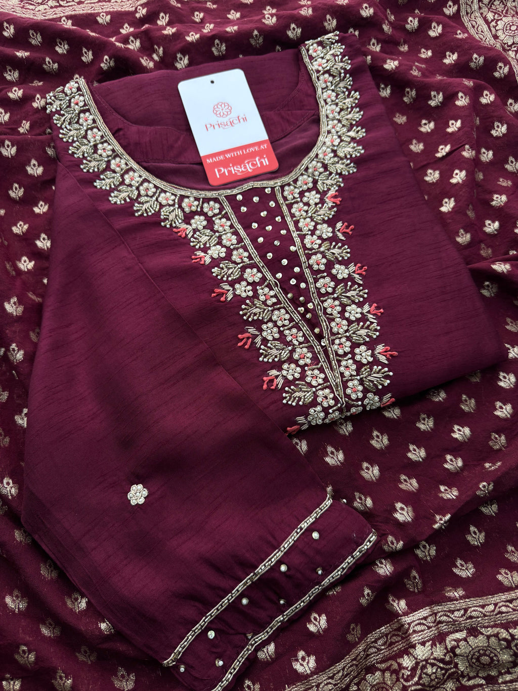 Wine Embroidered Designer Ethnic Kurta Set with Pants & Banarasi Dupatta | Festive and Traditional Wear