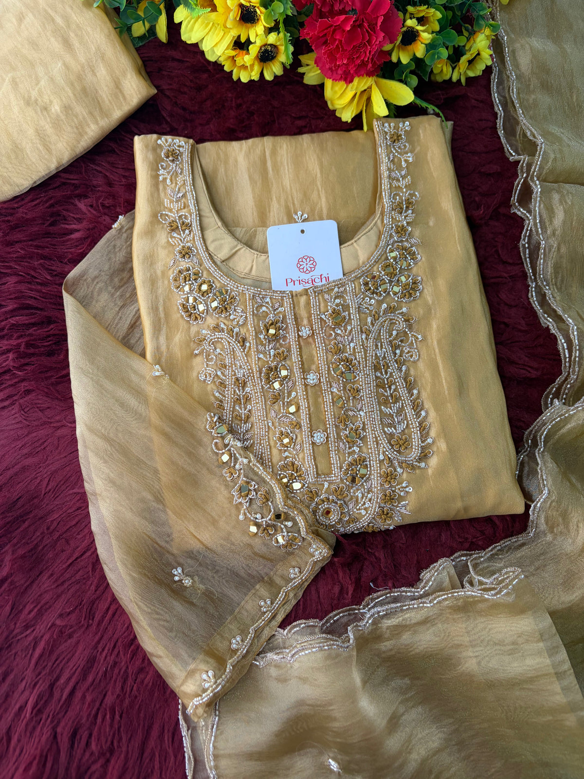 Yellow Zardozi Embroidered Ethnic Kurta Set for Women with Pants & Dupatta | Festive and Party Wear