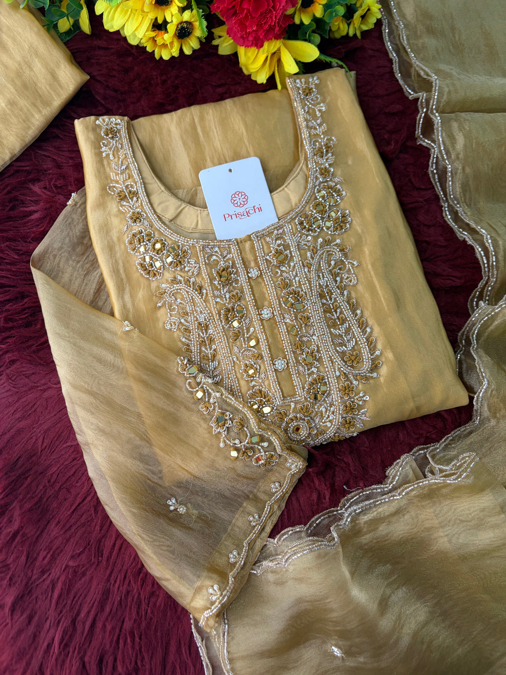 Yellow Zardozi Embroidered Ethnic Kurta Set for Women with Pants & Dupatta | Festive and Party Wear