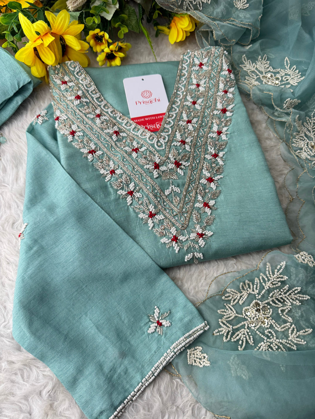 Sky Blue Zardozi Embroidered  Ethnic Kurta Set with Pants and Dupatta
