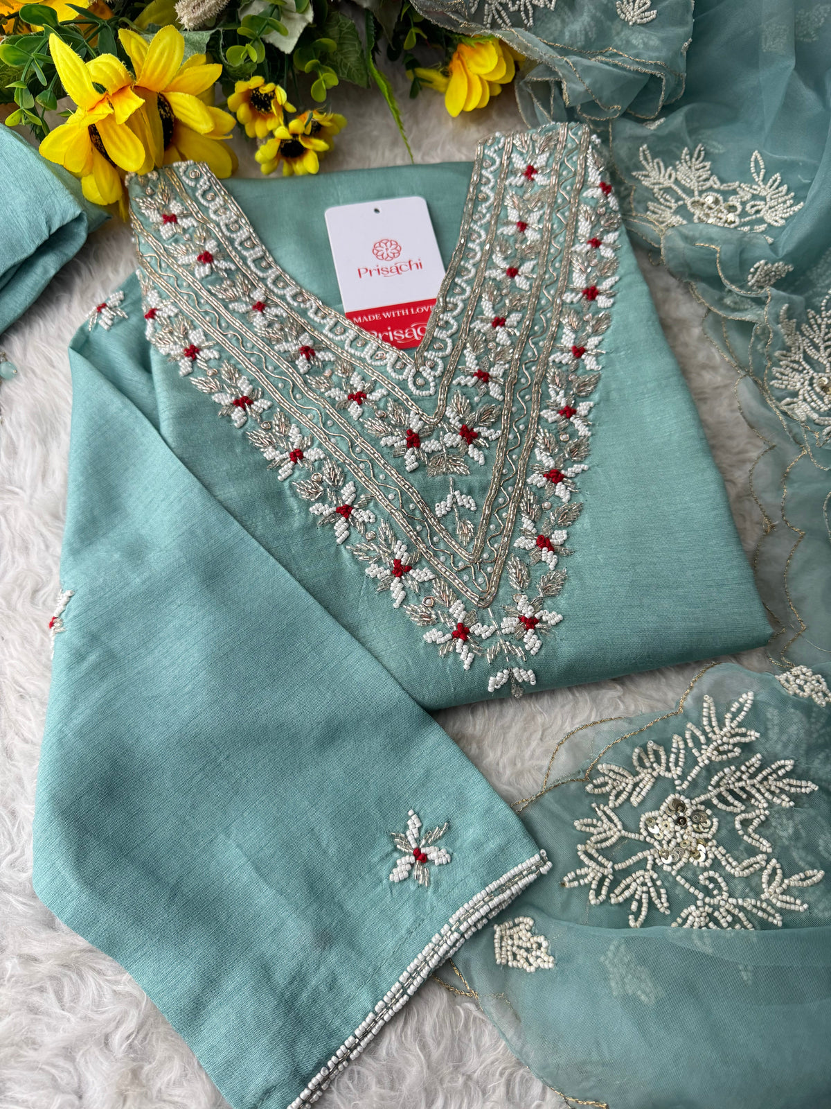 Sky Blue Zardozi Embroidered  Ethnic Kurta Set with Pants and Dupatta