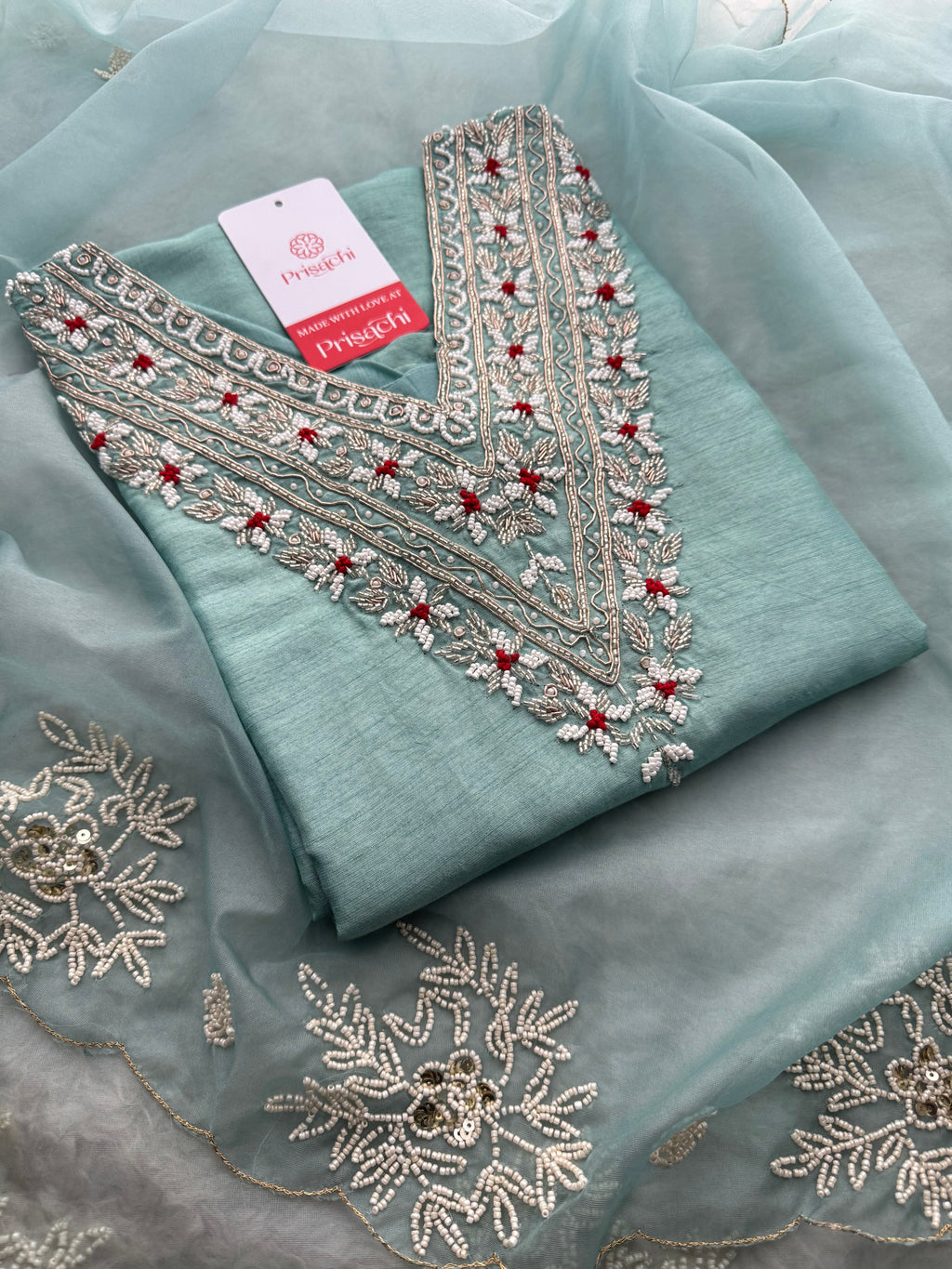 Sky Blue Zardozi Embroidered  Ethnic Kurta Set with Pants and Dupatta