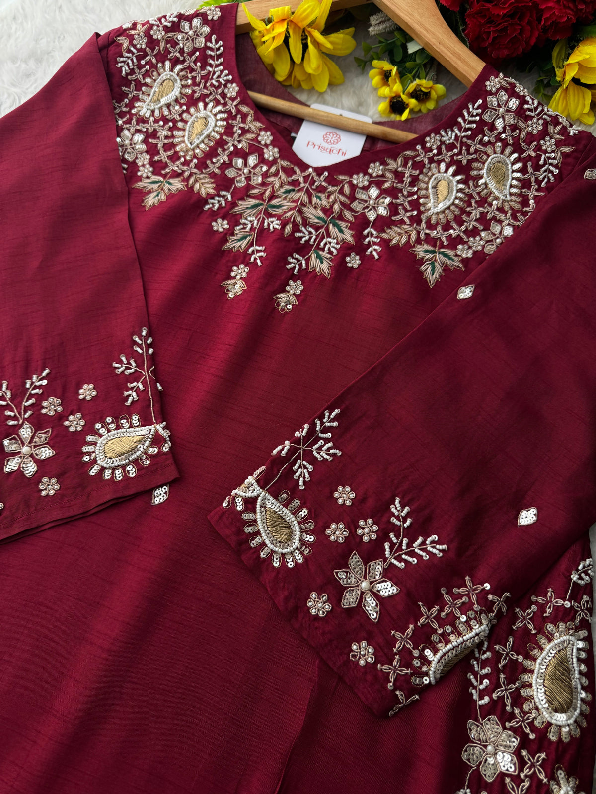 Maroon Zardozi Embroidered Kurta Set for Women with Pants & Banarasi Dupatta | Traditional Ethnic wear