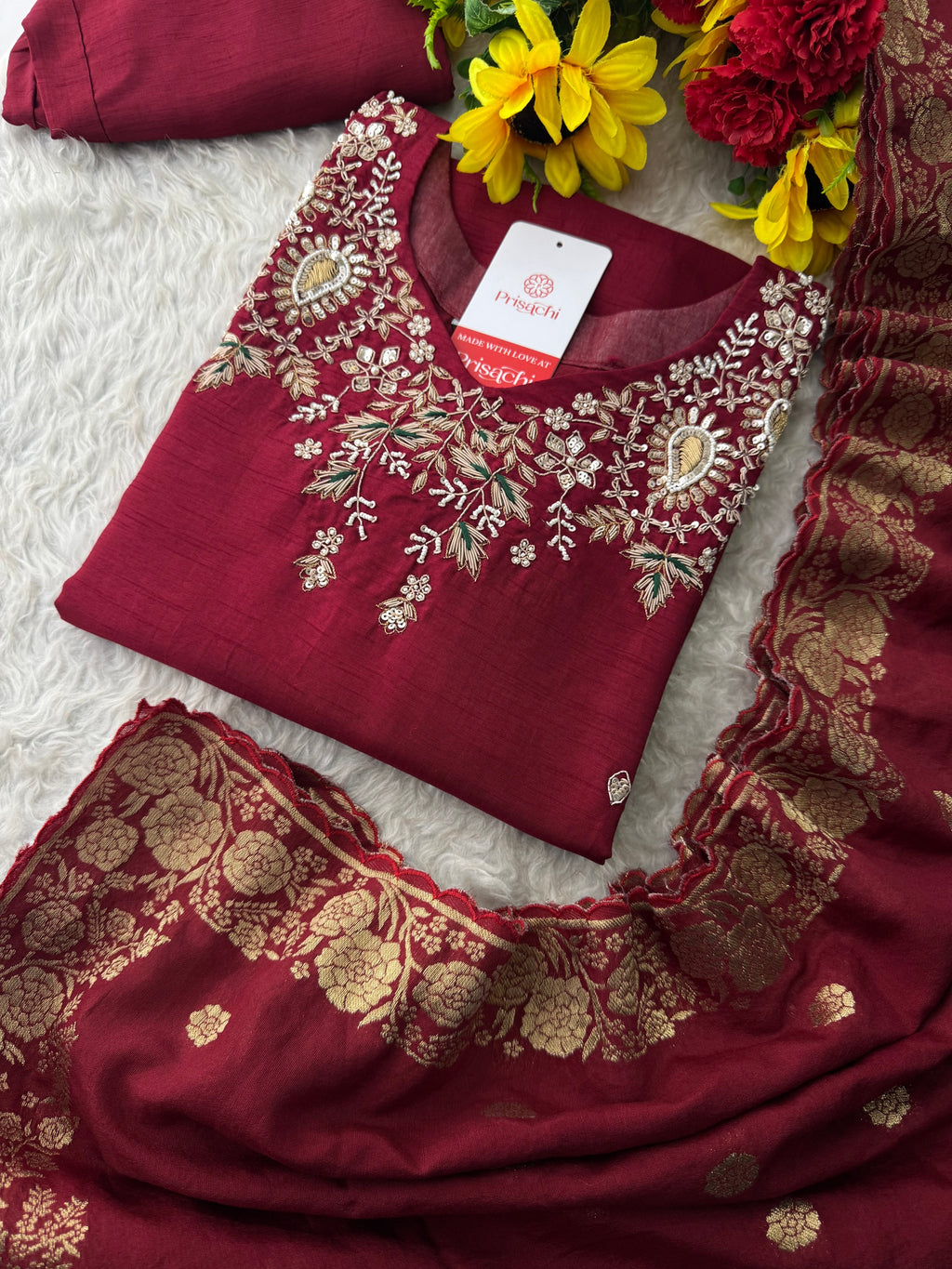 Maroon Zardozi Embroidered Kurta Set for Women with Pants & Banarasi Dupatta | Traditional Ethnic wear