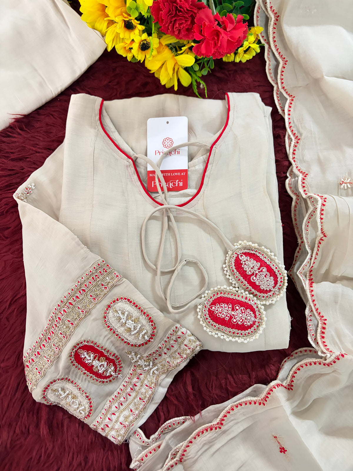 Off-white Embroidered Anarkali Kurta Set with Dupatta & Pants | Floral Festive Ethnic Suit