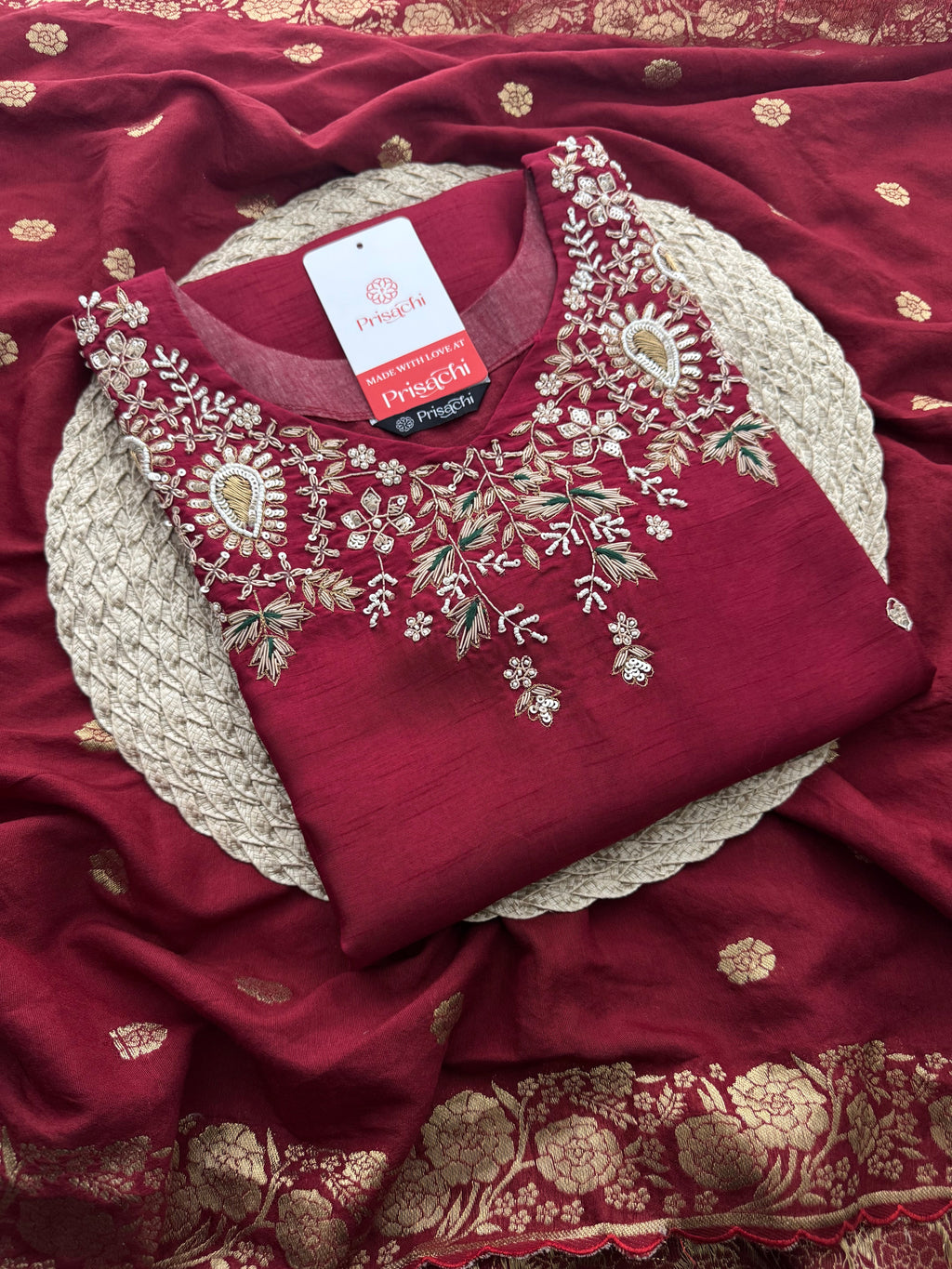 Maroon Zardozi Embroidered Kurta Set for Women with Pants & Banarasi Dupatta | Traditional Ethnic wear