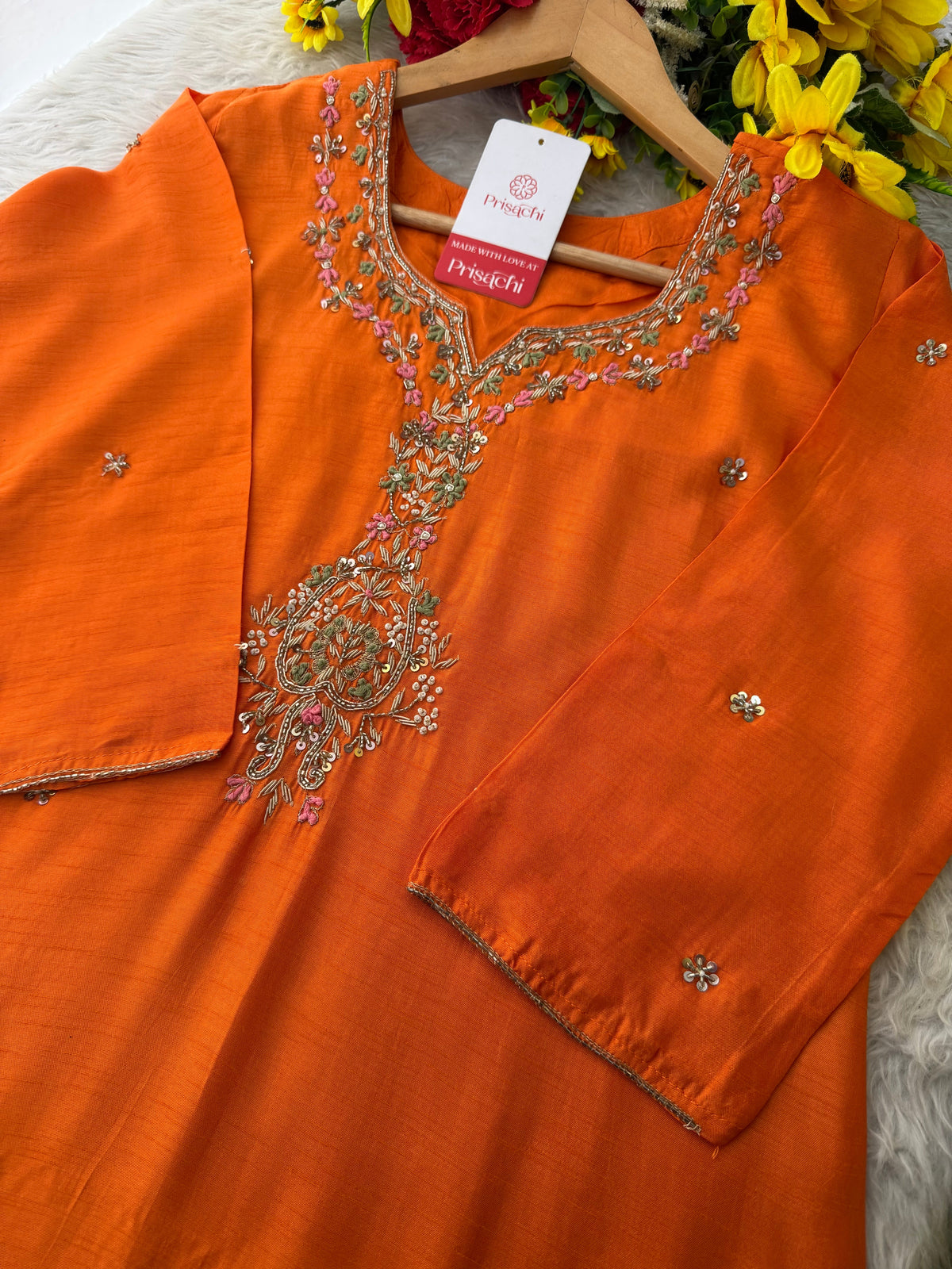 Orange Zardozi Embroidered Ethnic Kurta Set for Women with Dupatta & Pants | Designer Traditional Suit Set