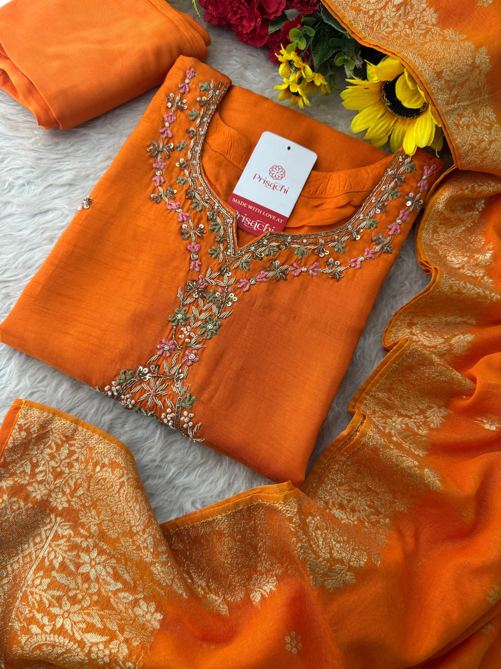 Orange Zardozi Embroidered Ethnic Kurta Set for Women with Dupatta & Pants | Designer Traditional Suit Set