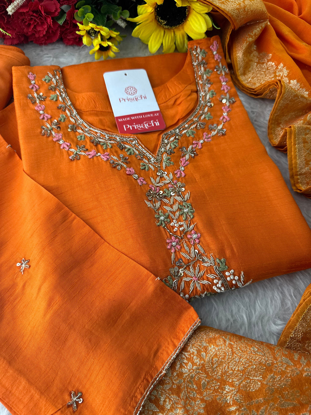 Orange Zardozi Embroidered Ethnic Kurta Set for Women with Dupatta & Pants | Designer Traditional Suit Set