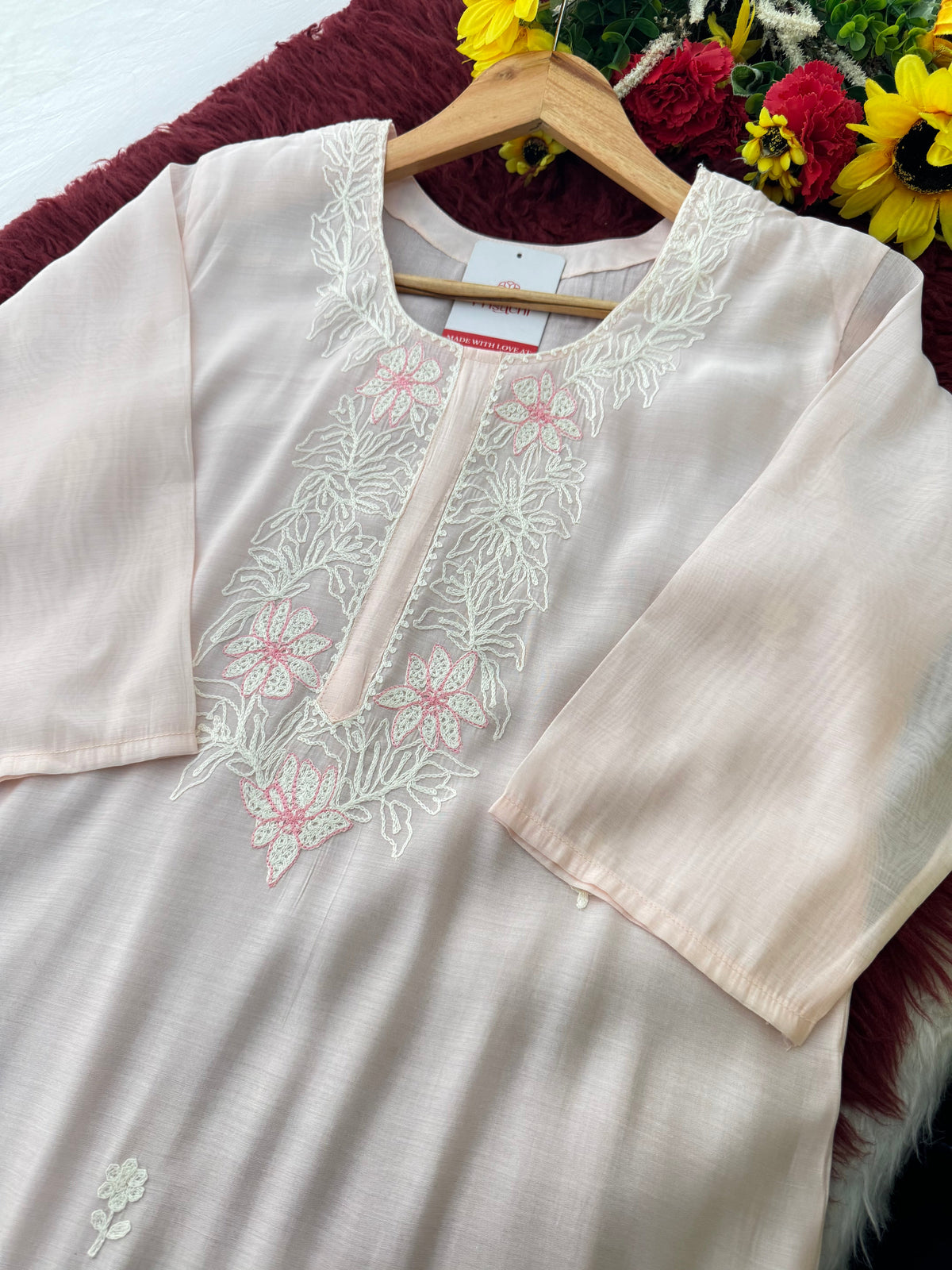 Elegant Floral Thread Embroidered Pastel Kurta Set with Pants and Dupatta | Festive, Casual & Office Wear
