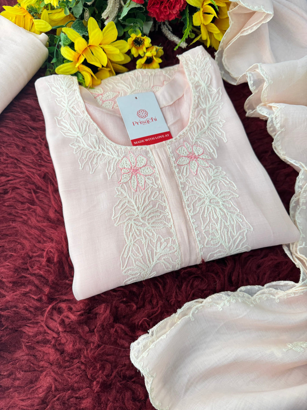 Pink Floral Thread Embroidered Ethnic Kurta Set with Pants and Dupatta | Traditional, Casual & Office Wear