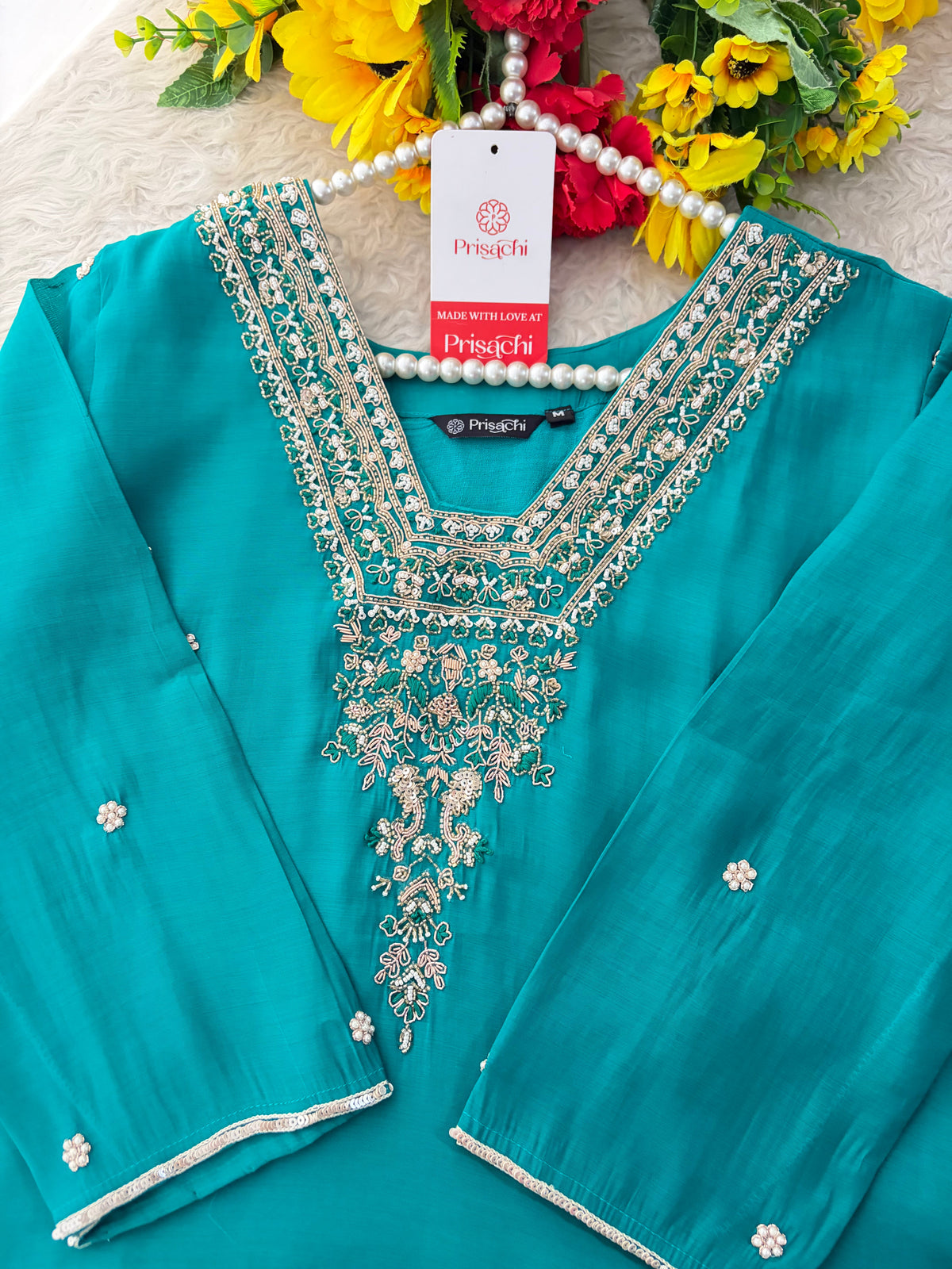 Peacock Green Embroidered Straight Kurta Set with Dupatta and Pants