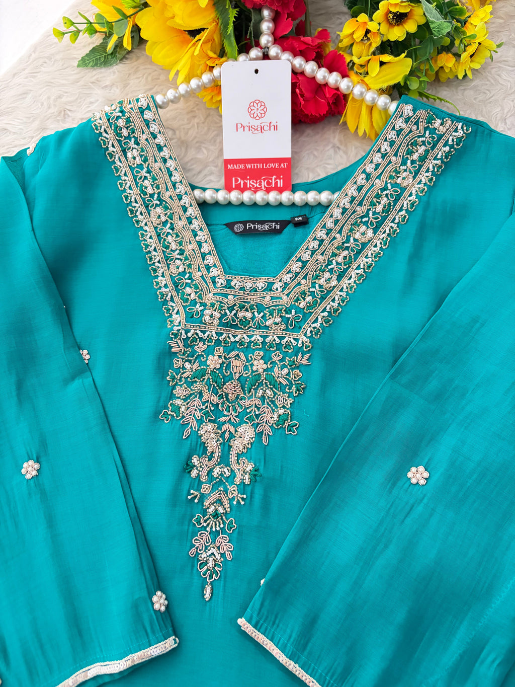 Peacock Green Embroidered Straight Kurta Set with Dupatta and Pants