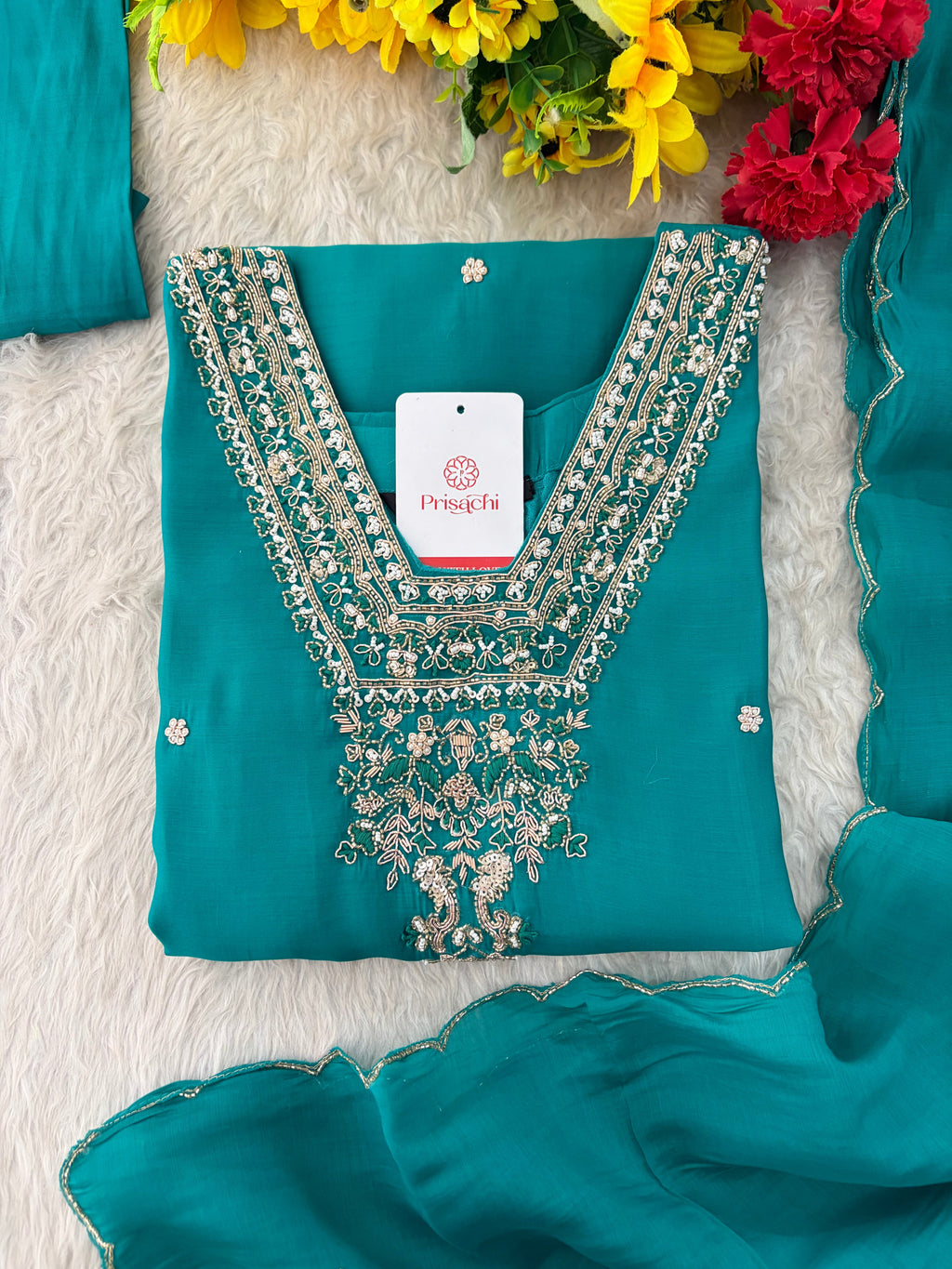 Designer Embroidered Straight Kurta Set with Dupatta and Pants