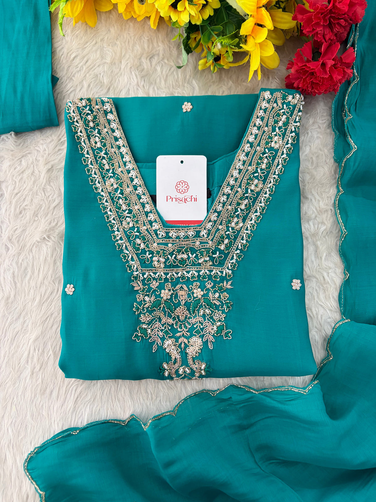 Peacock Green Embroidered Straight Kurta Set with Dupatta and Pants
