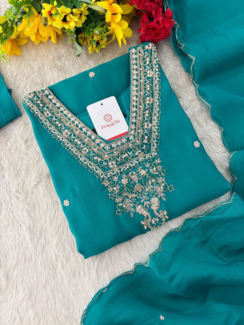 Peacock Green Embroidered Straight Kurta Set with Dupatta and Pants