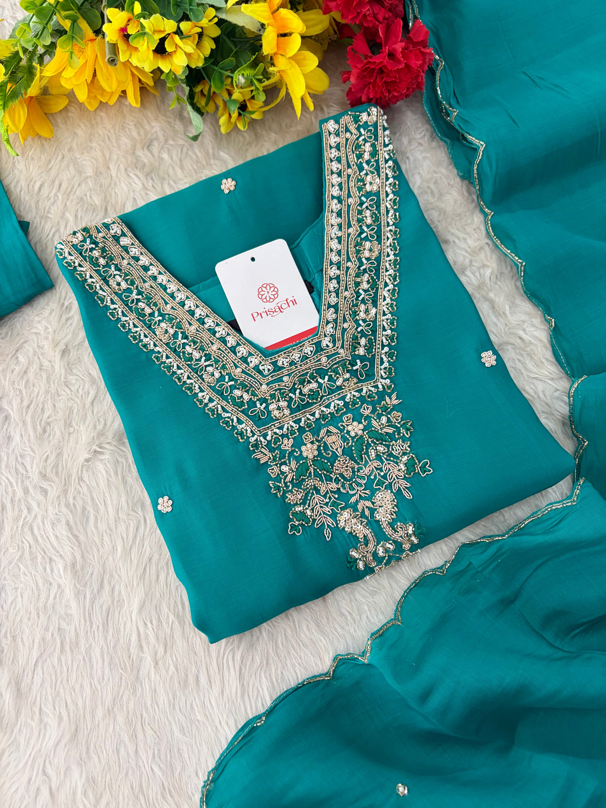 Peacock Green Embroidered Straight Kurta Set with Dupatta and Pants