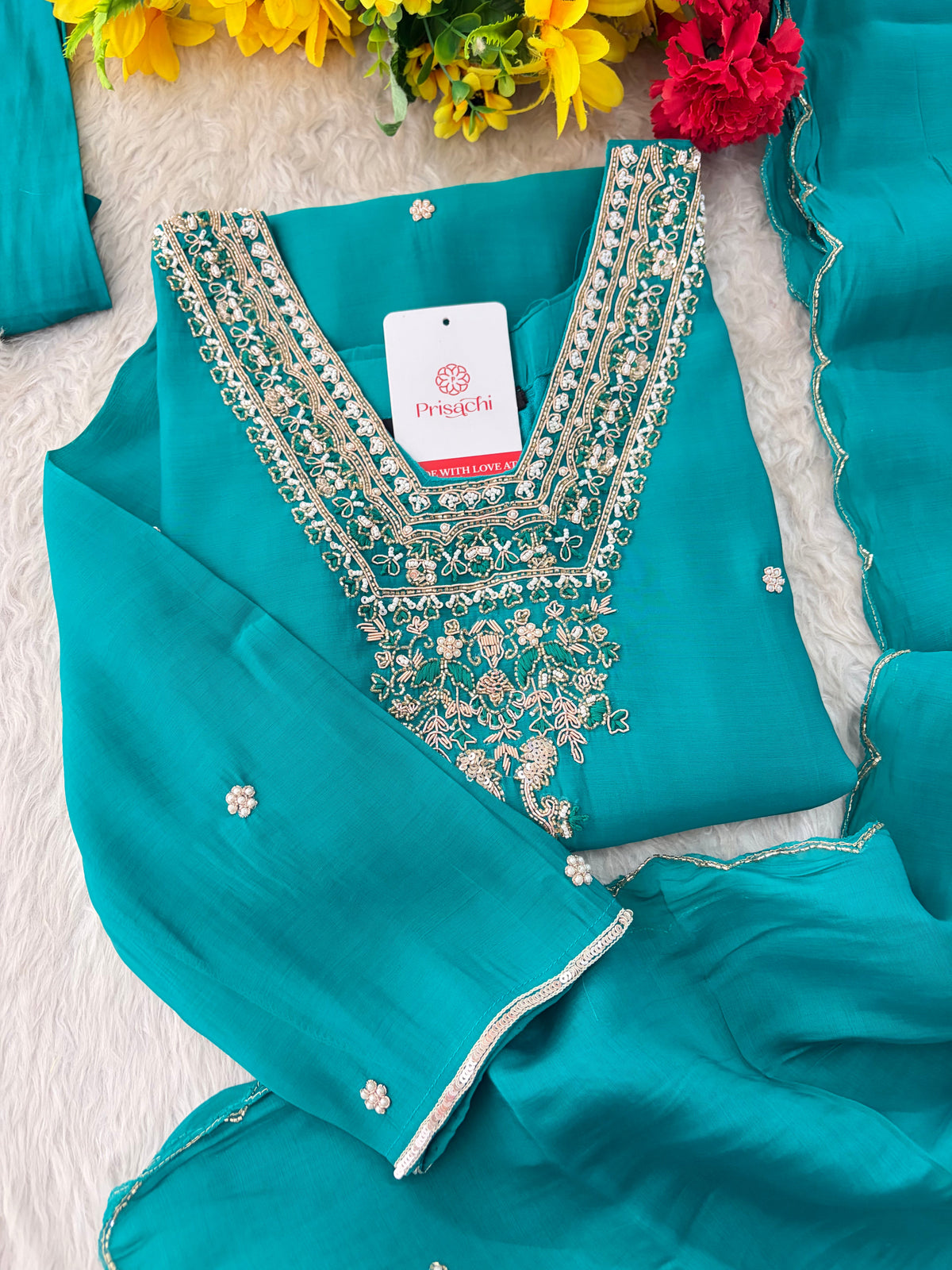 Designer Embroidered Straight Kurta Set with Dupatta and Pants