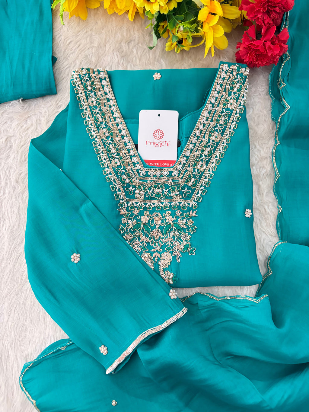 Peacock Green Embroidered Straight Kurta Set with Dupatta and Pants