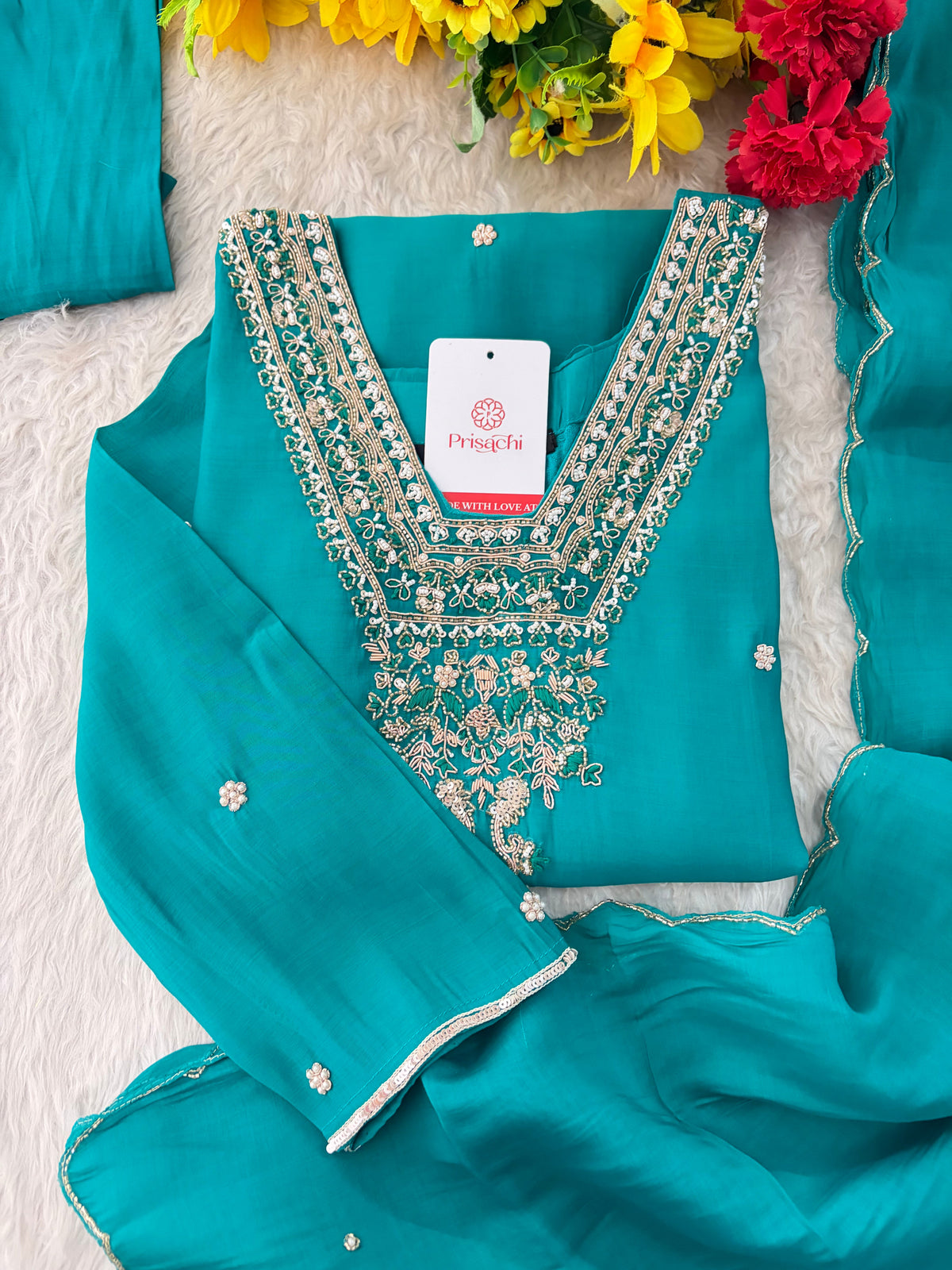 Peacock Green Embroidered Straight Kurta Set with Dupatta and Pants