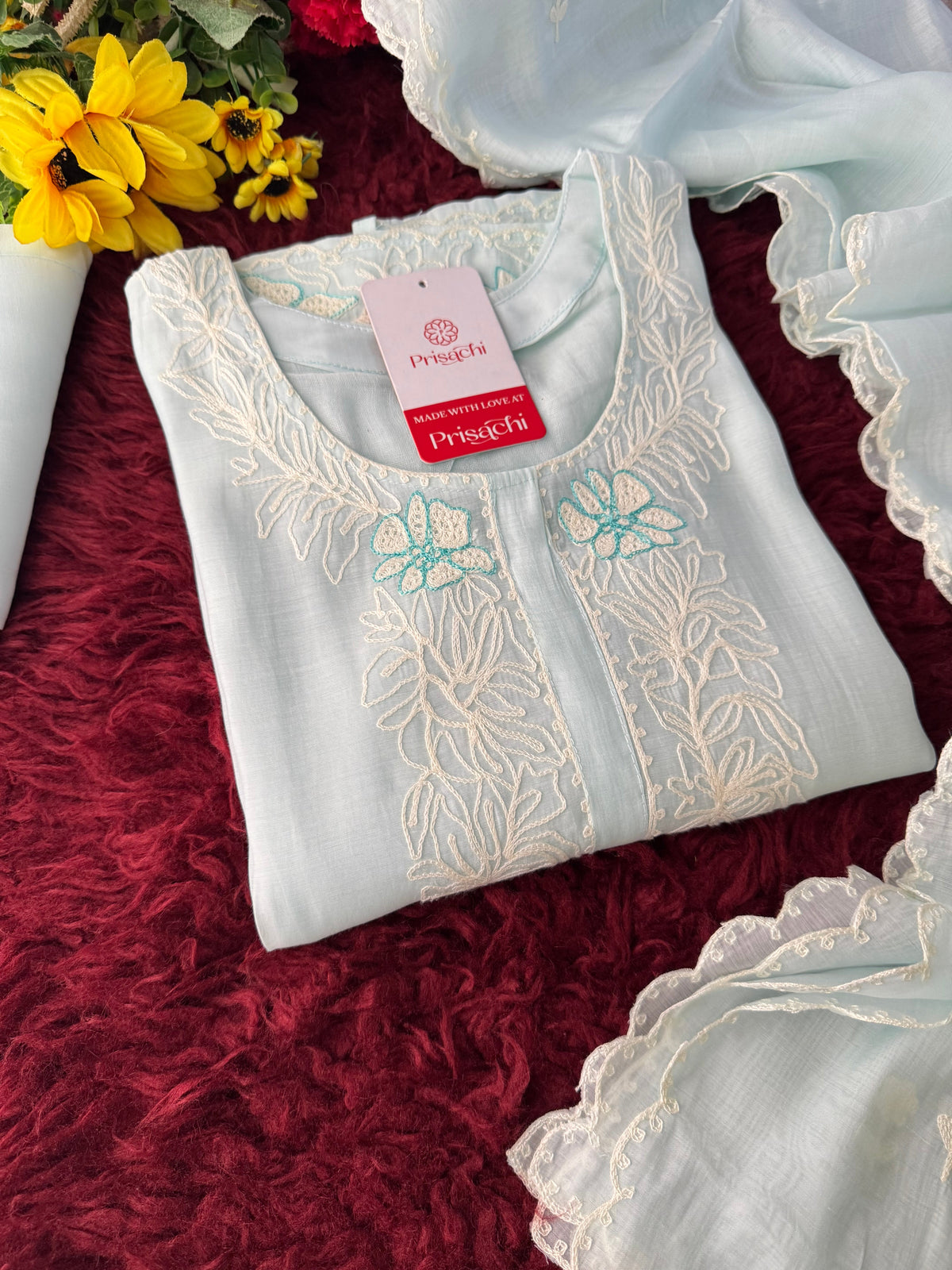 Elegant Floral Thread Embroidered Pastel Kurta Set with Pants and Dupatta | Festive, Casual & Office Wear